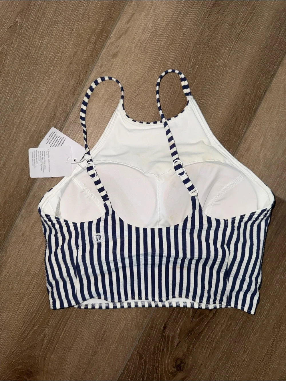 NWT Lululemon Seersucker Blue Stripe High Neck Long Line Bikini Swimsuit Top XS